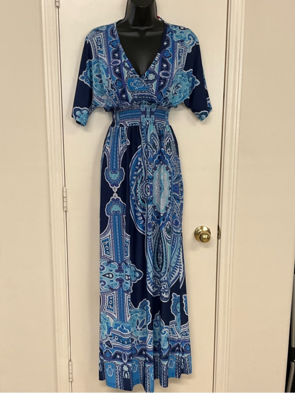 Christina Navy and Light Blue Paisley V‑Neck Maxi Dress